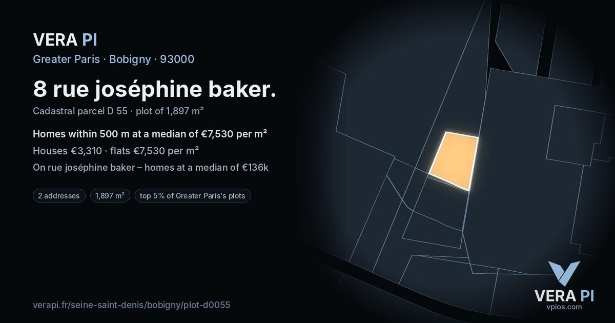 8 rue joséphine baker, Bobigny at night – the plot lit, the parcels around coloured by the prices near them