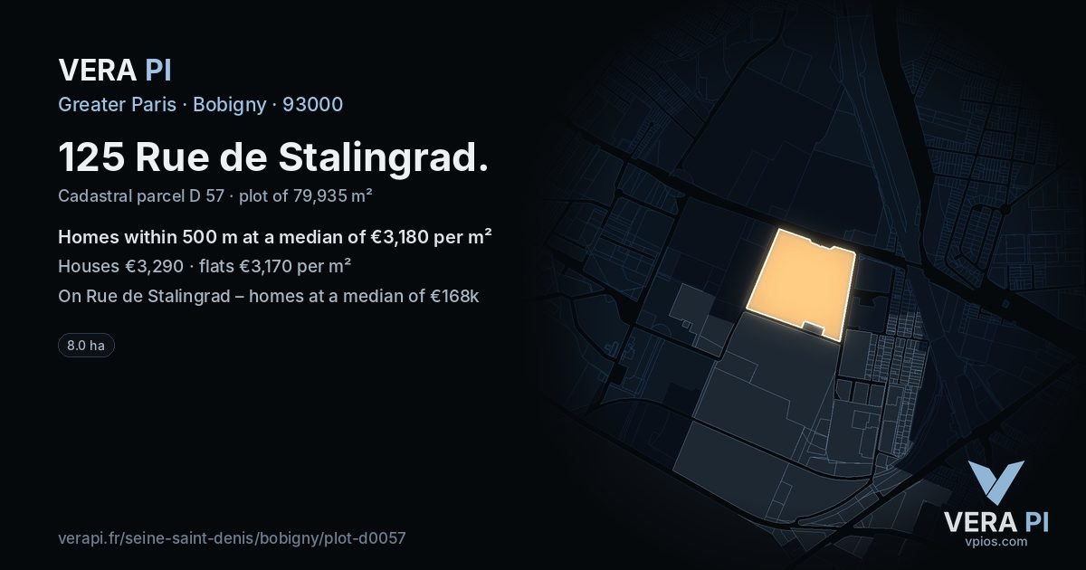 125 Rue de Stalingrad, Bobigny at night – the plot lit, the parcels around coloured by the prices near them