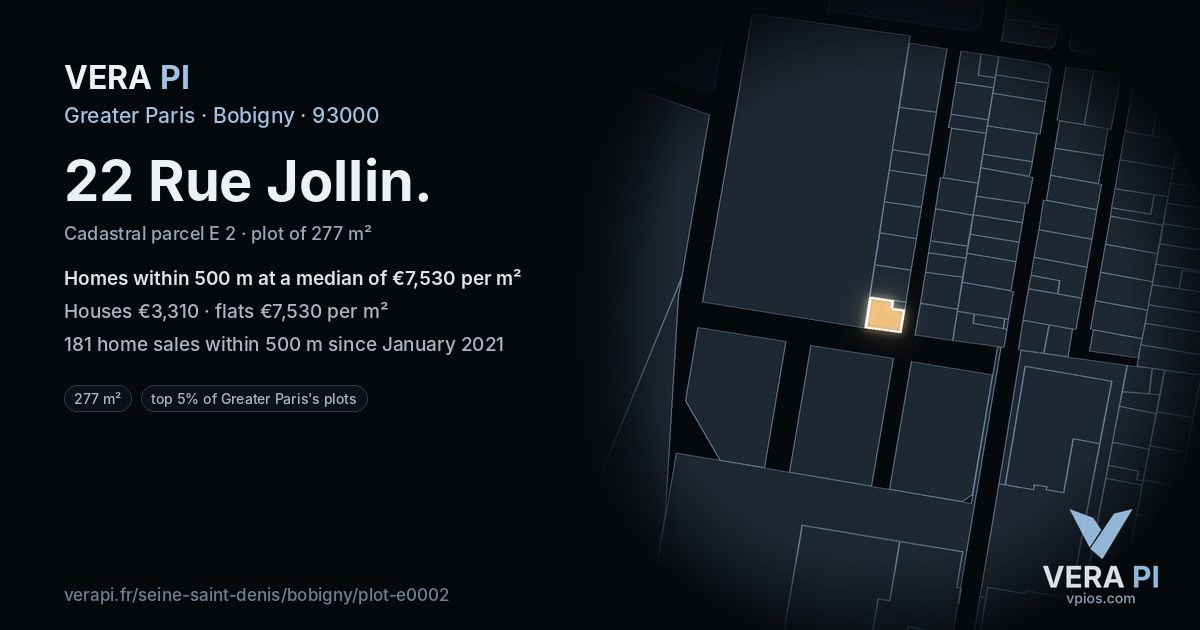 22 Rue Jollin, Bobigny at night – the plot lit, the parcels around coloured by the prices near them