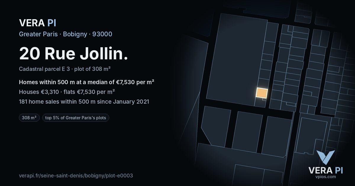 20 Rue Jollin, Bobigny at night – the plot lit, the parcels around coloured by the prices near them