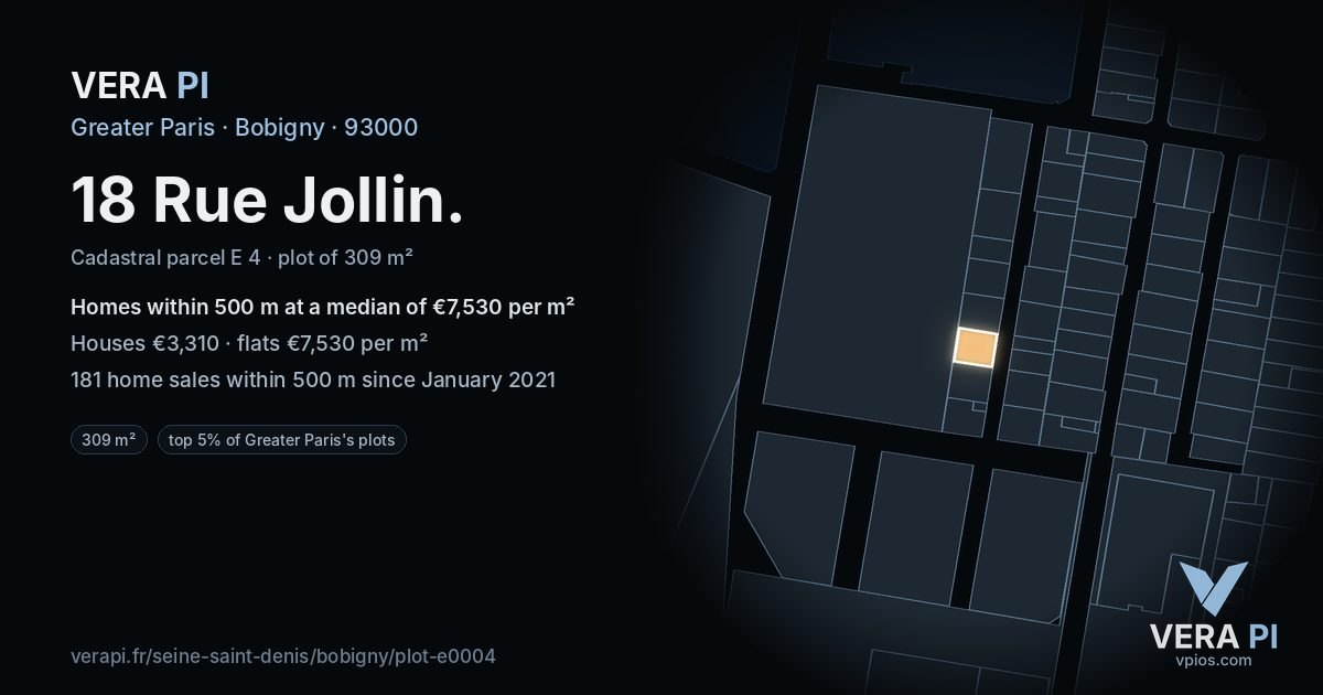 18 Rue Jollin, Bobigny at night – the plot lit, the parcels around coloured by the prices near them