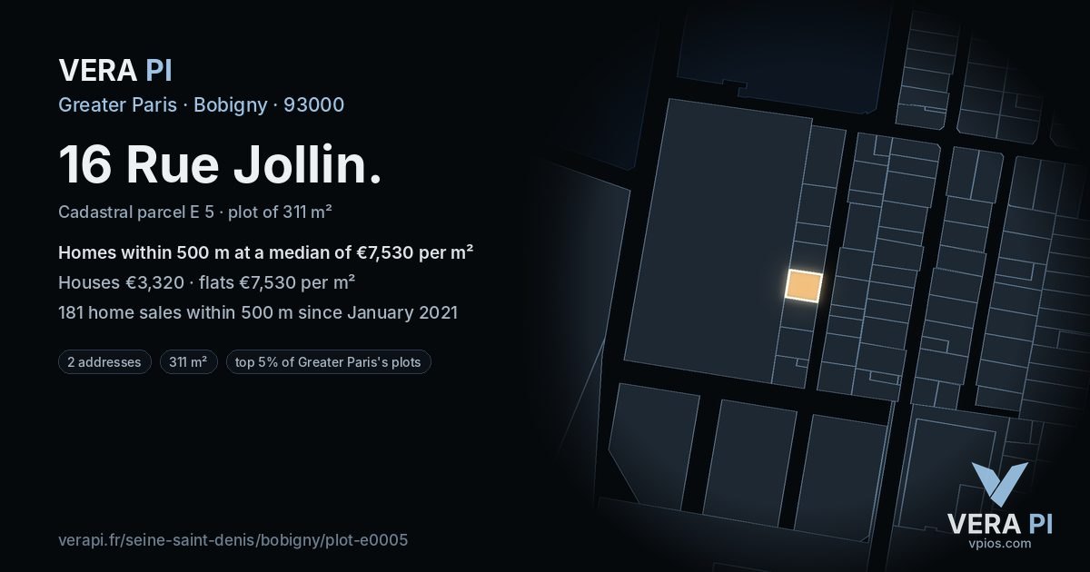 16 Rue Jollin, Bobigny at night – the plot lit, the parcels around coloured by the prices near them
