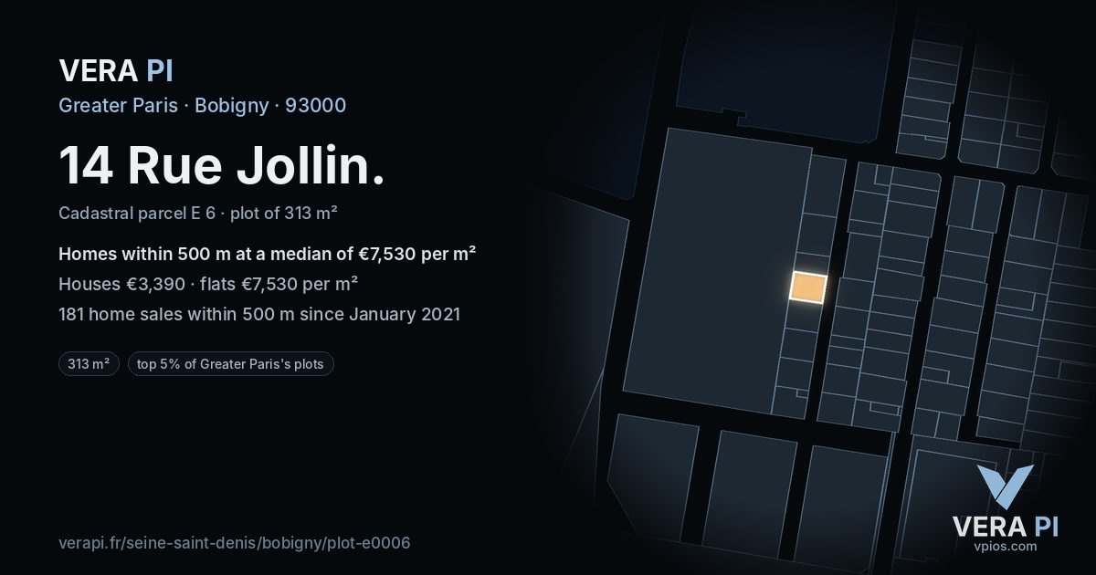 14 Rue Jollin, Bobigny at night – the plot lit, the parcels around coloured by the prices near them