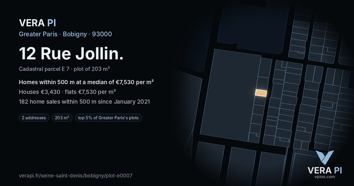 12 Rue Jollin, Bobigny at night – the plot lit, the parcels around coloured by the prices near them