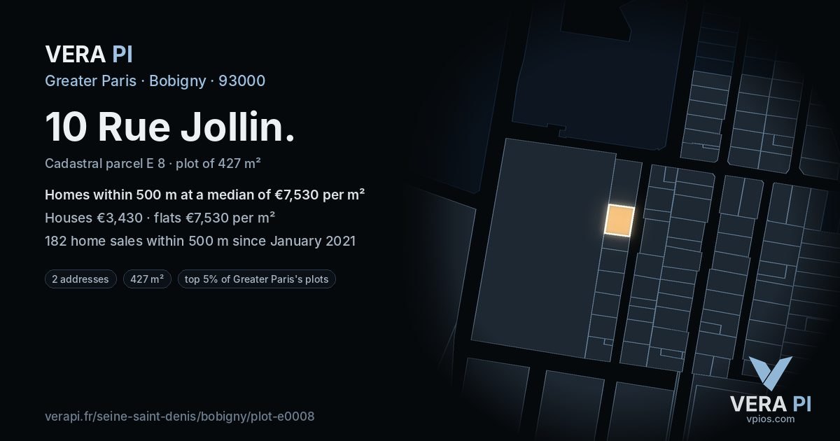 10 Rue Jollin, Bobigny at night – the plot lit, the parcels around coloured by the prices near them