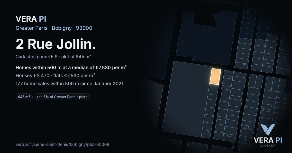 2 Rue Jollin, Bobigny at night – the plot lit, the parcels around coloured by the prices near them