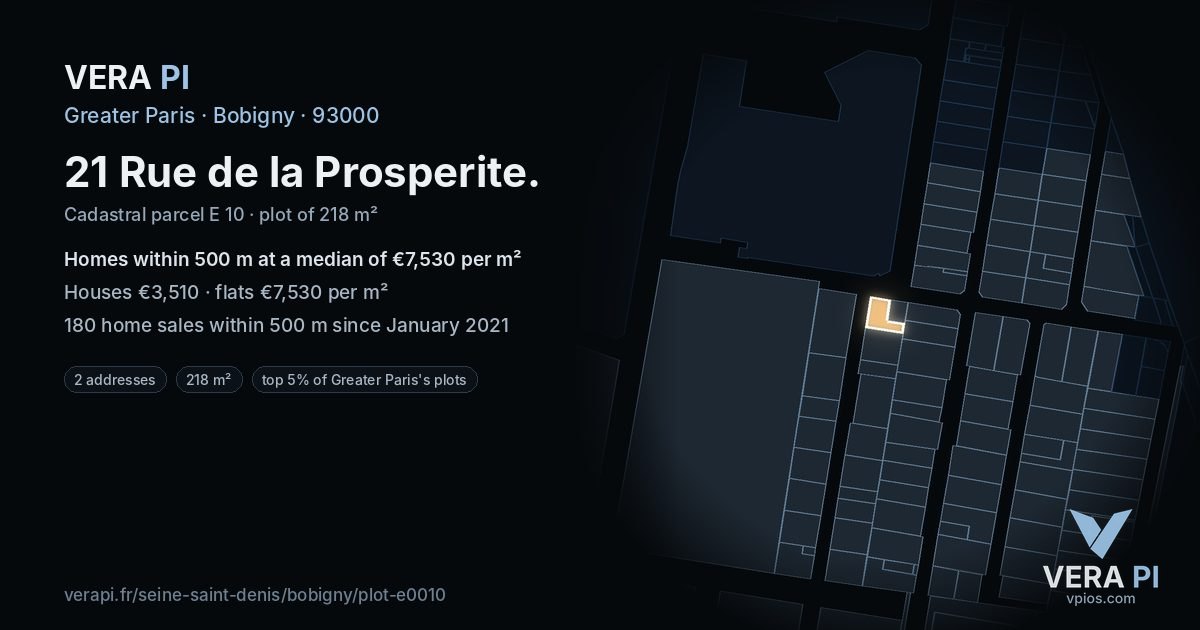 21 Rue de la Prosperite, Bobigny at night – the plot lit, the parcels around coloured by the prices near them