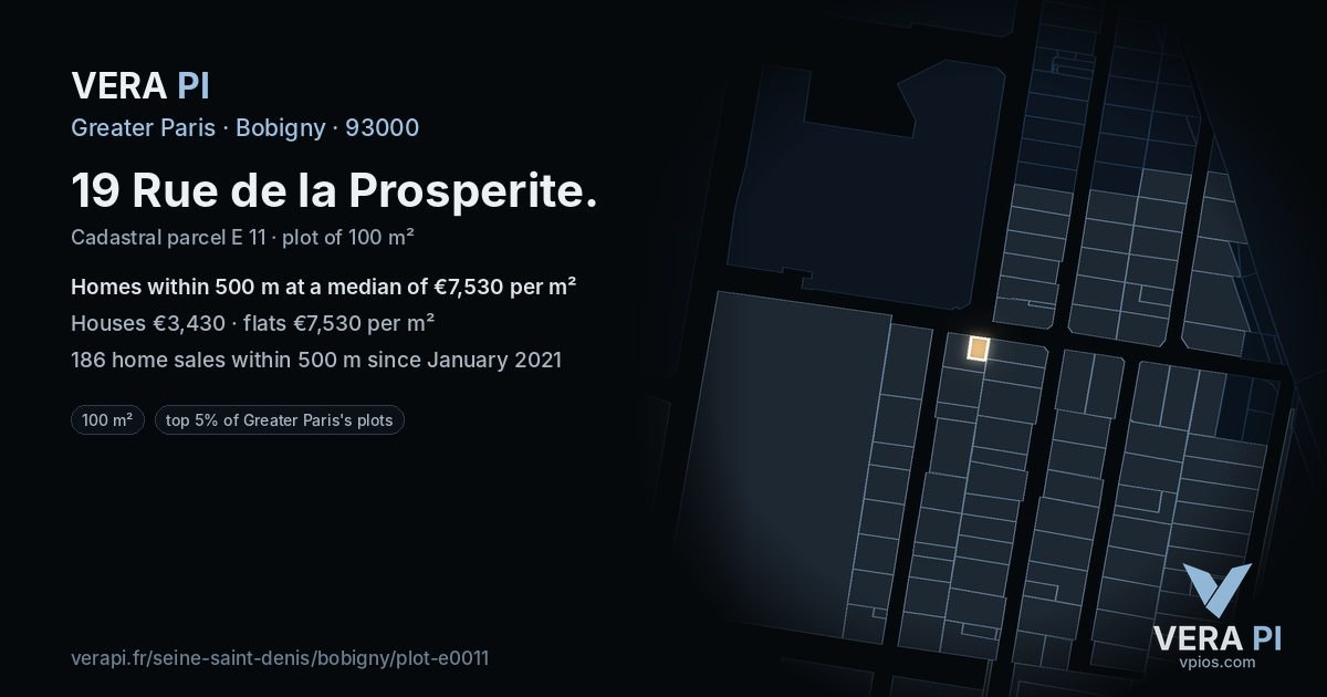 19 Rue de la Prosperite, Bobigny at night – the plot lit, the parcels around coloured by the prices near them