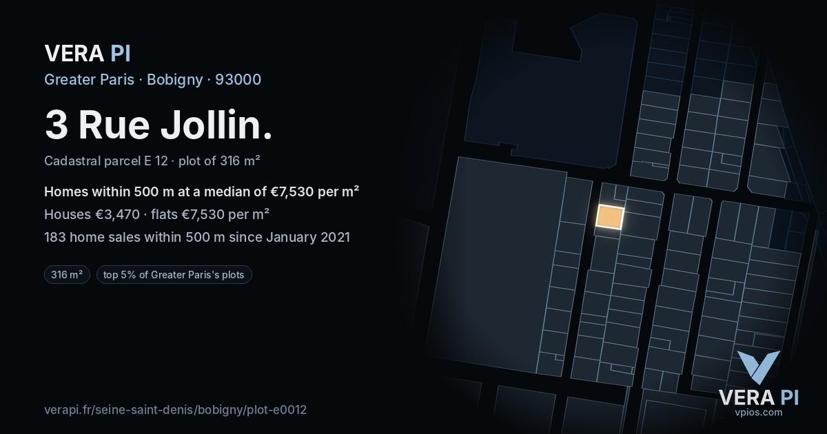 3 Rue Jollin, Bobigny at night – the plot lit, the parcels around coloured by the prices near them