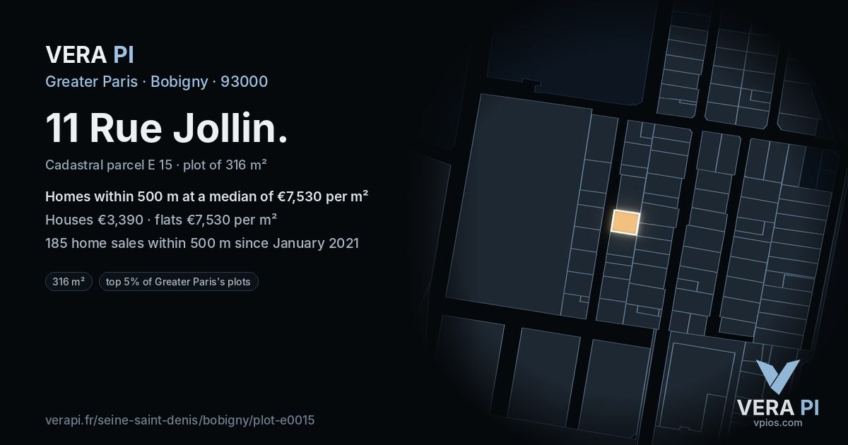11 Rue Jollin, Bobigny at night – the plot lit, the parcels around coloured by the prices near them