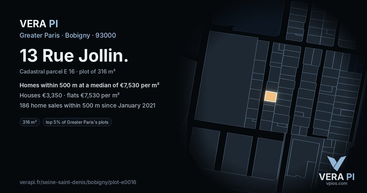 13 Rue Jollin, Bobigny at night – the plot lit, the parcels around coloured by the prices near them