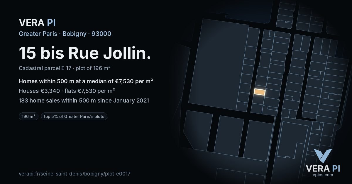 15 bis Rue Jollin, Bobigny at night – the plot lit, the parcels around coloured by the prices near them