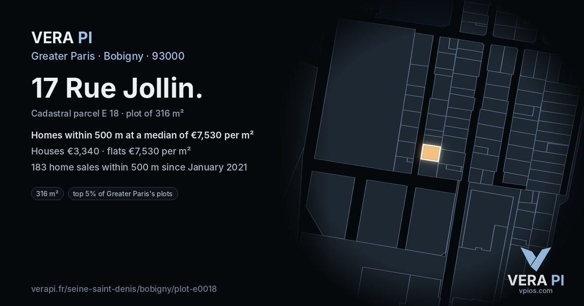 17 Rue Jollin, Bobigny at night – the plot lit, the parcels around coloured by the prices near them