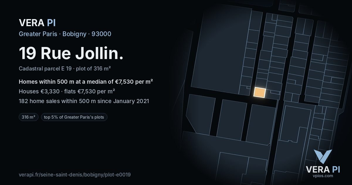 19 Rue Jollin, Bobigny at night – the plot lit, the parcels around coloured by the prices near them