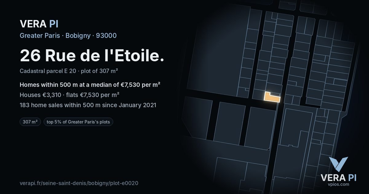 26 Rue de l'Etoile, Bobigny at night – the plot lit, the parcels around coloured by the prices near them