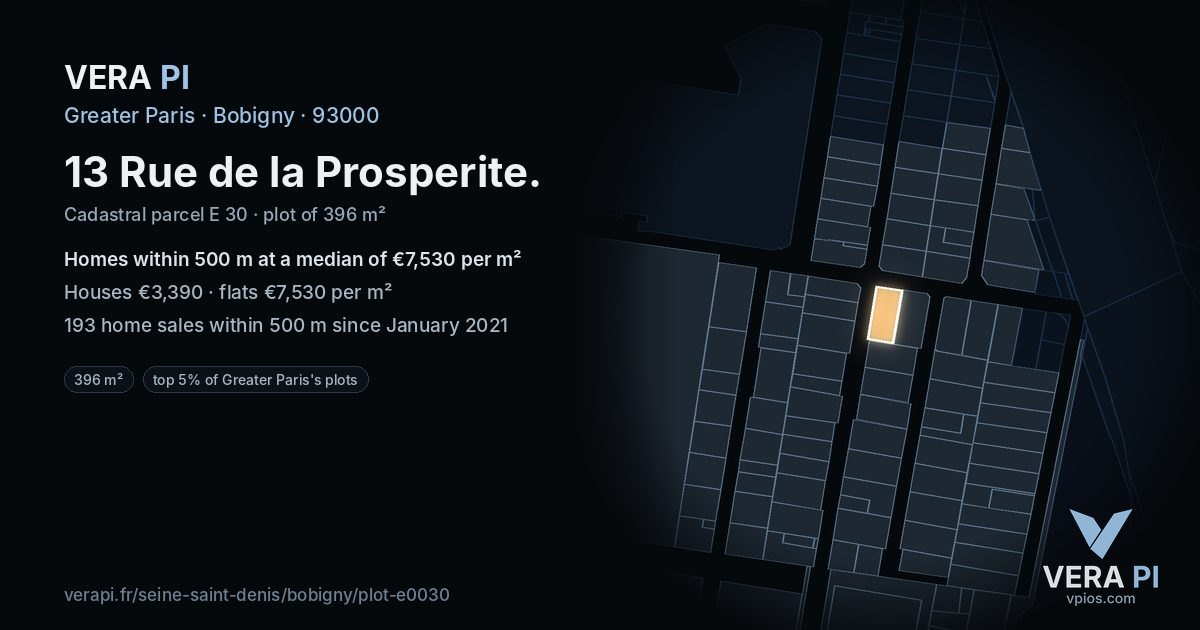 13 Rue de la Prosperite, Bobigny at night – the plot lit, the parcels around coloured by the prices near them