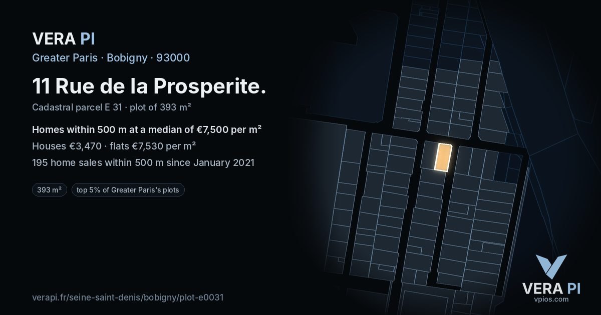 11 Rue de la Prosperite, Bobigny at night – the plot lit, the parcels around coloured by the prices near them
