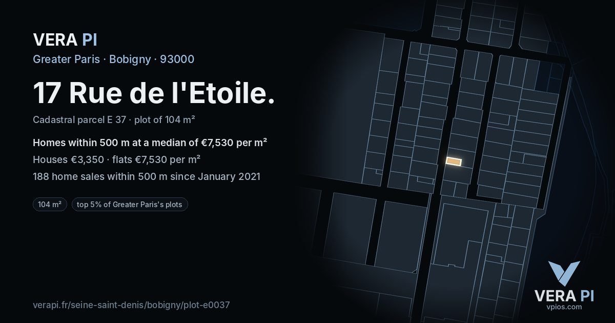 17 Rue de l'Etoile, Bobigny at night – the plot lit, the parcels around coloured by the prices near them