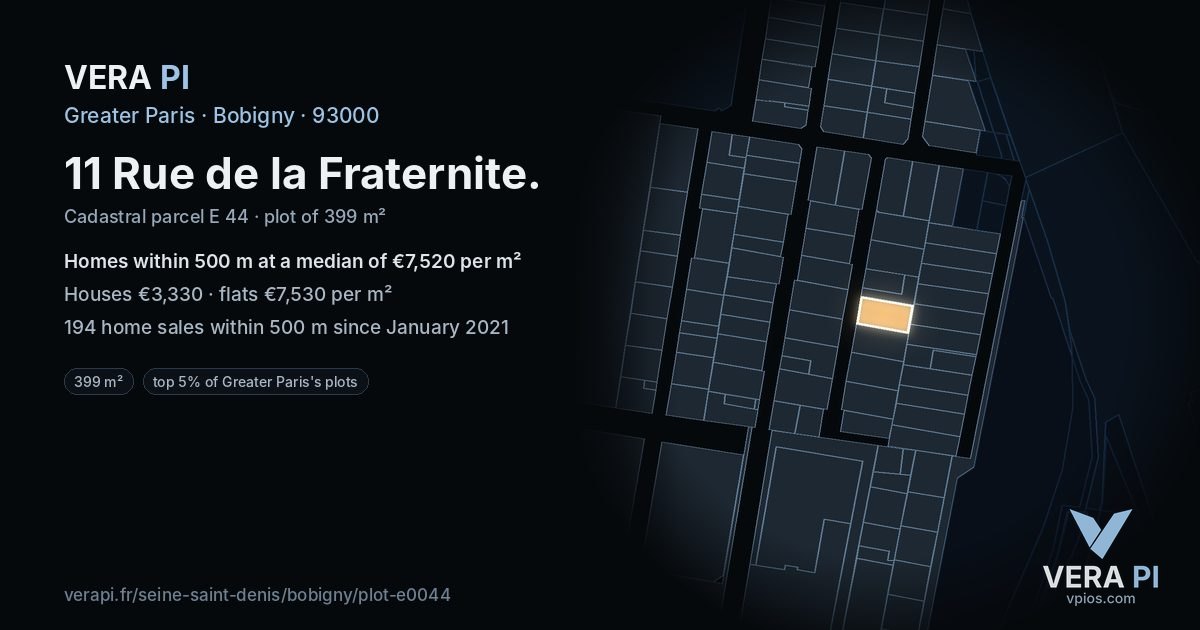 11 Rue de la Fraternite, Bobigny at night – the plot lit, the parcels around coloured by the prices near them