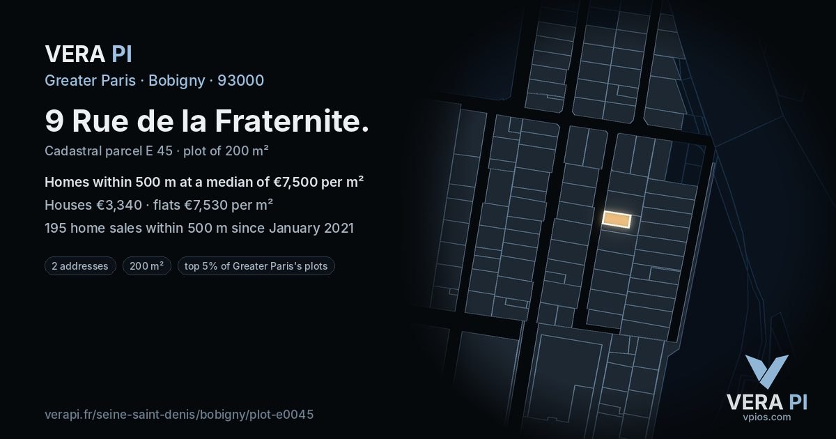 9 Rue de la Fraternite, Bobigny at night – the plot lit, the parcels around coloured by the prices near them