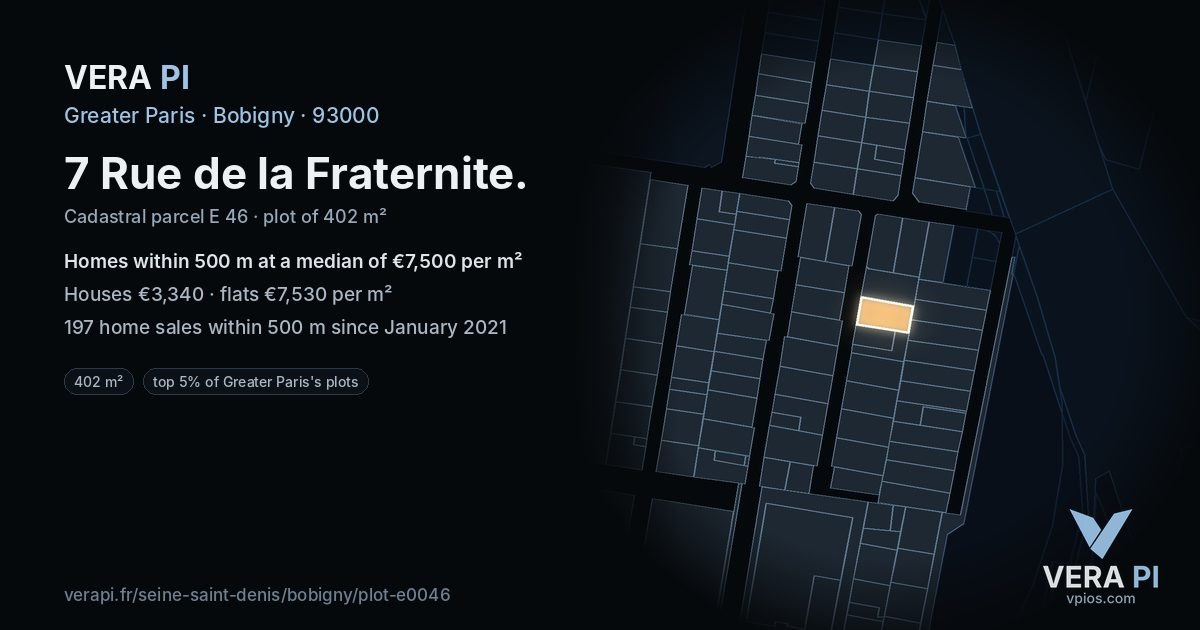 7 Rue de la Fraternite, Bobigny at night – the plot lit, the parcels around coloured by the prices near them
