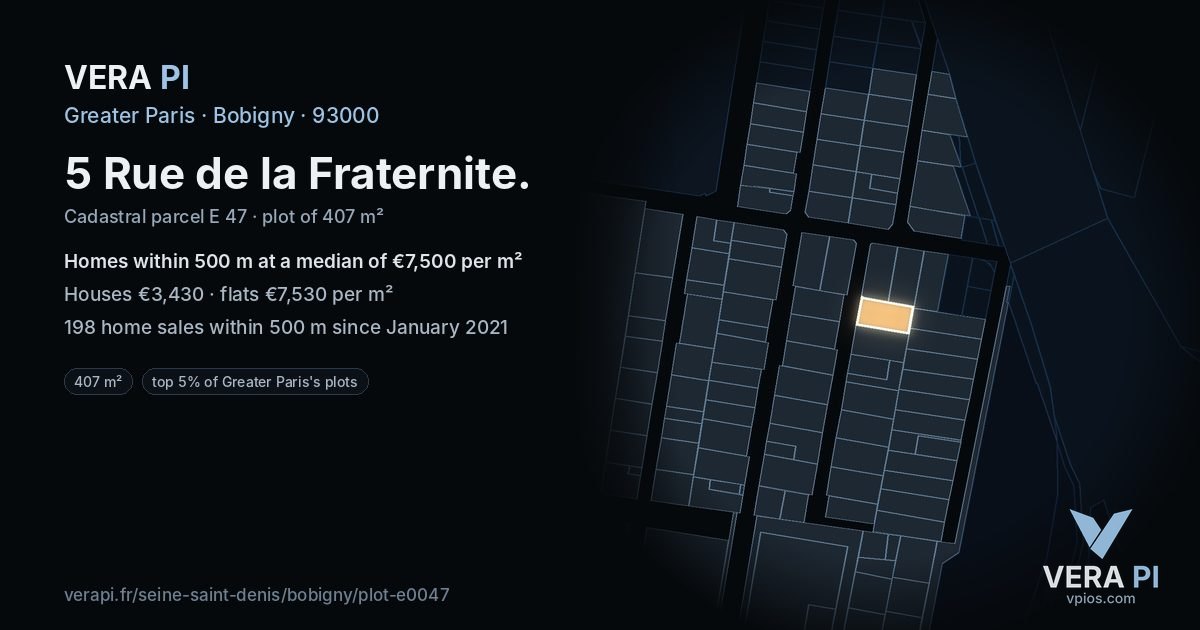 5 Rue de la Fraternite, Bobigny at night – the plot lit, the parcels around coloured by the prices near them