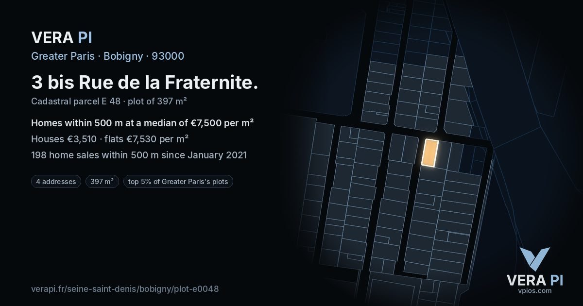 3 bis Rue de la Fraternite, Bobigny at night – the plot lit, the parcels around coloured by the prices near them