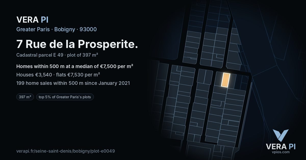 7 Rue de la Prosperite, Bobigny at night – the plot lit, the parcels around coloured by the prices near them