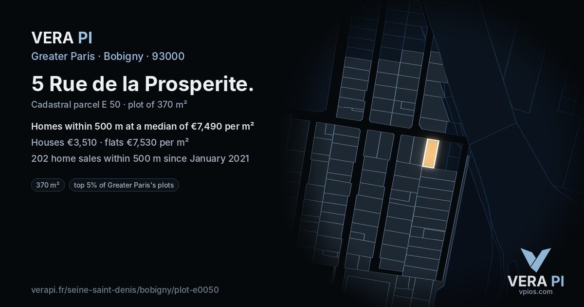5 Rue de la Prosperite, Bobigny at night – the plot lit, the parcels around coloured by the prices near them