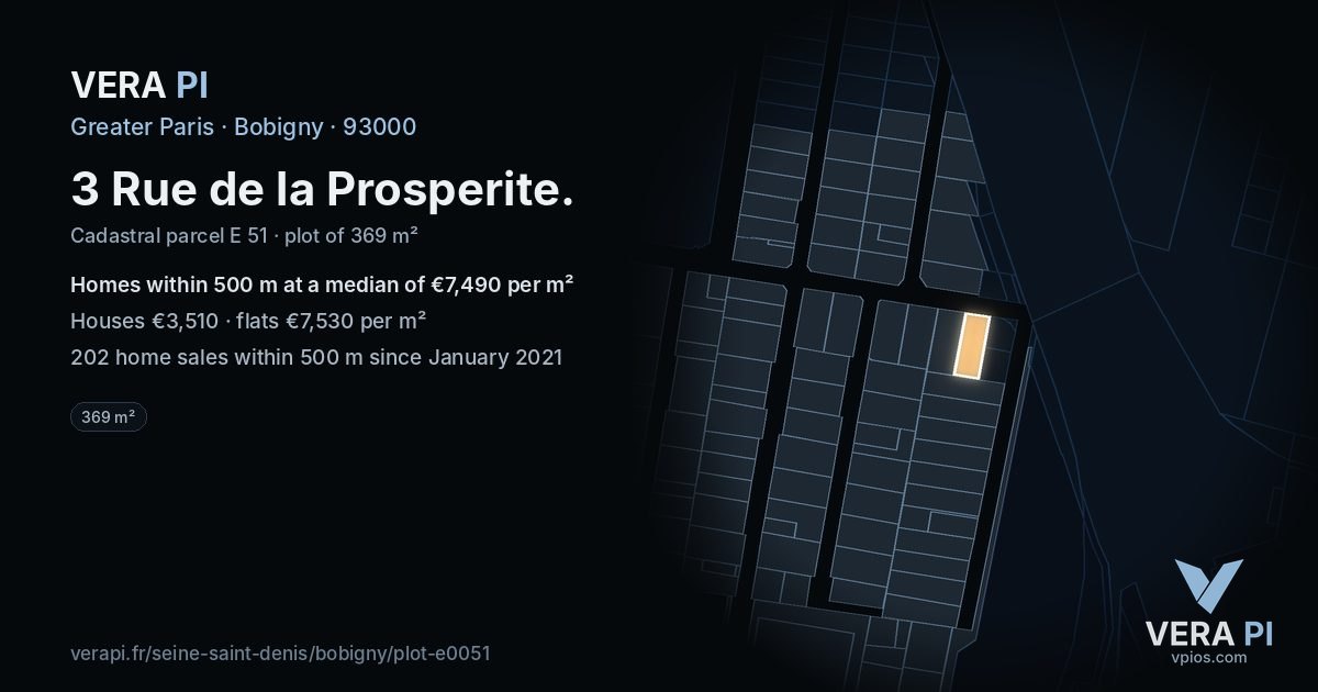 3 Rue de la Prosperite, Bobigny at night – the plot lit, the parcels around coloured by the prices near them