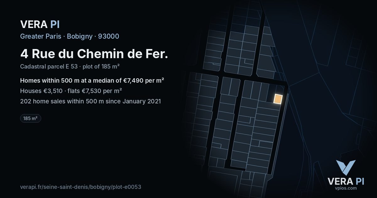 4 Rue du Chemin de Fer, Bobigny at night – the plot lit, the parcels around coloured by the prices near them