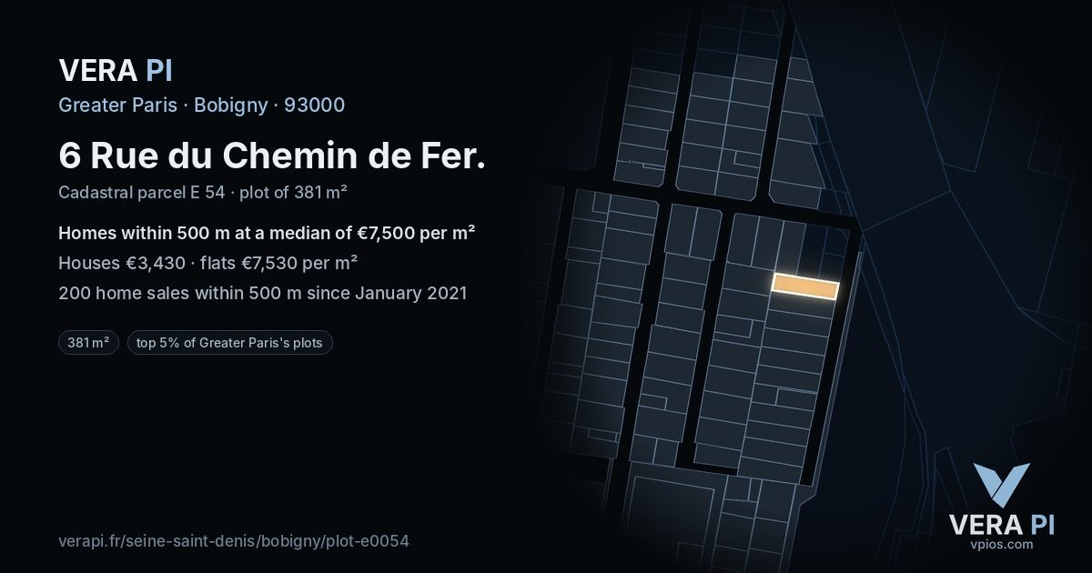 6 Rue du Chemin de Fer, Bobigny at night – the plot lit, the parcels around coloured by the prices near them