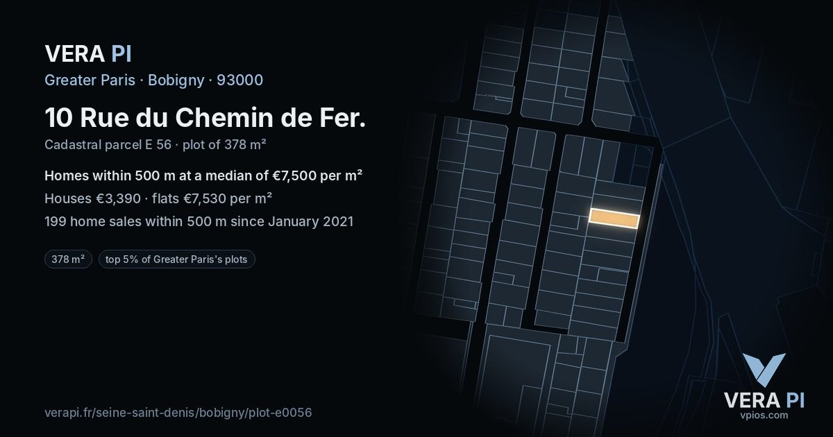 10 Rue du Chemin de Fer, Bobigny at night – the plot lit, the parcels around coloured by the prices near them