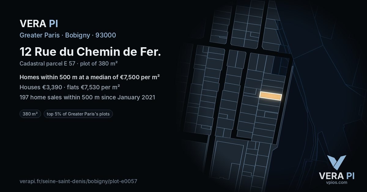 12 Rue du Chemin de Fer, Bobigny at night – the plot lit, the parcels around coloured by the prices near them