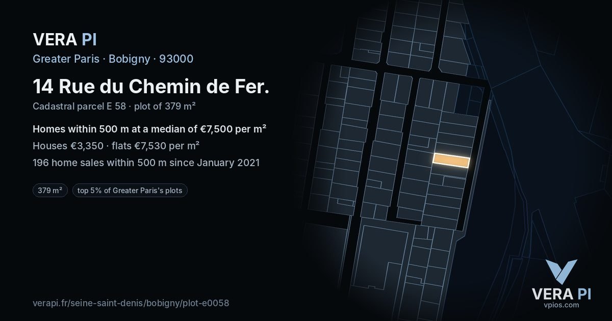14 Rue du Chemin de Fer, Bobigny at night – the plot lit, the parcels around coloured by the prices near them