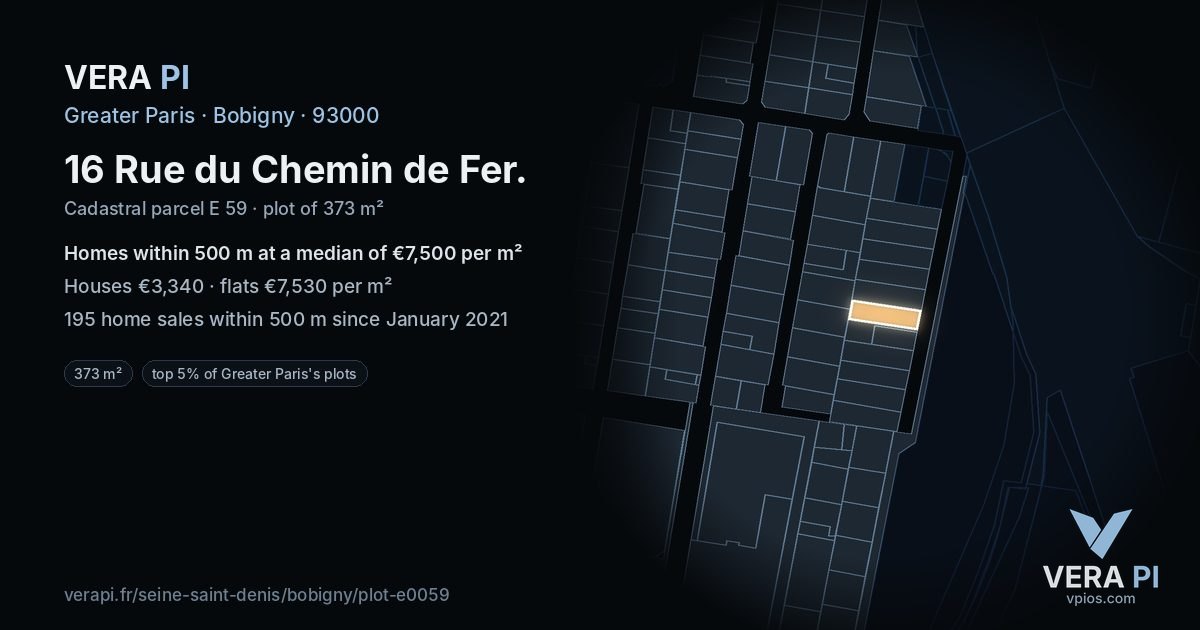 16 Rue du Chemin de Fer, Bobigny at night – the plot lit, the parcels around coloured by the prices near them