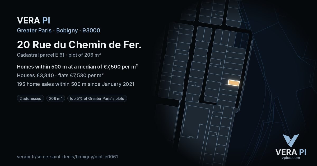 20 Rue du Chemin de Fer, Bobigny at night – the plot lit, the parcels around coloured by the prices near them