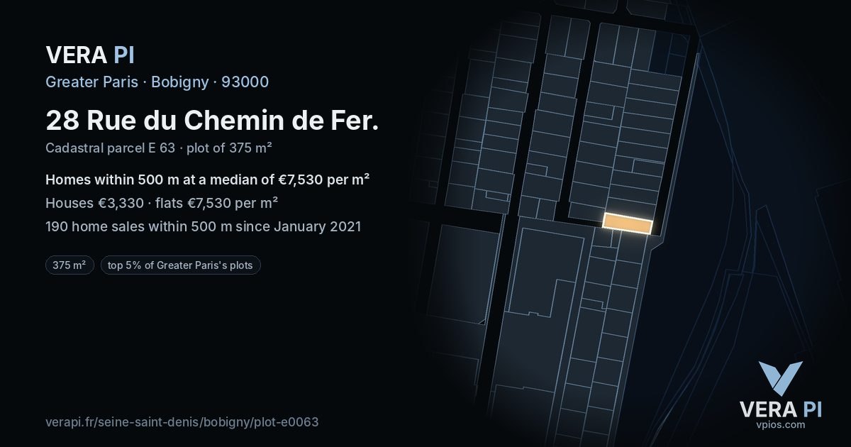 28 Rue du Chemin de Fer, Bobigny at night – the plot lit, the parcels around coloured by the prices near them