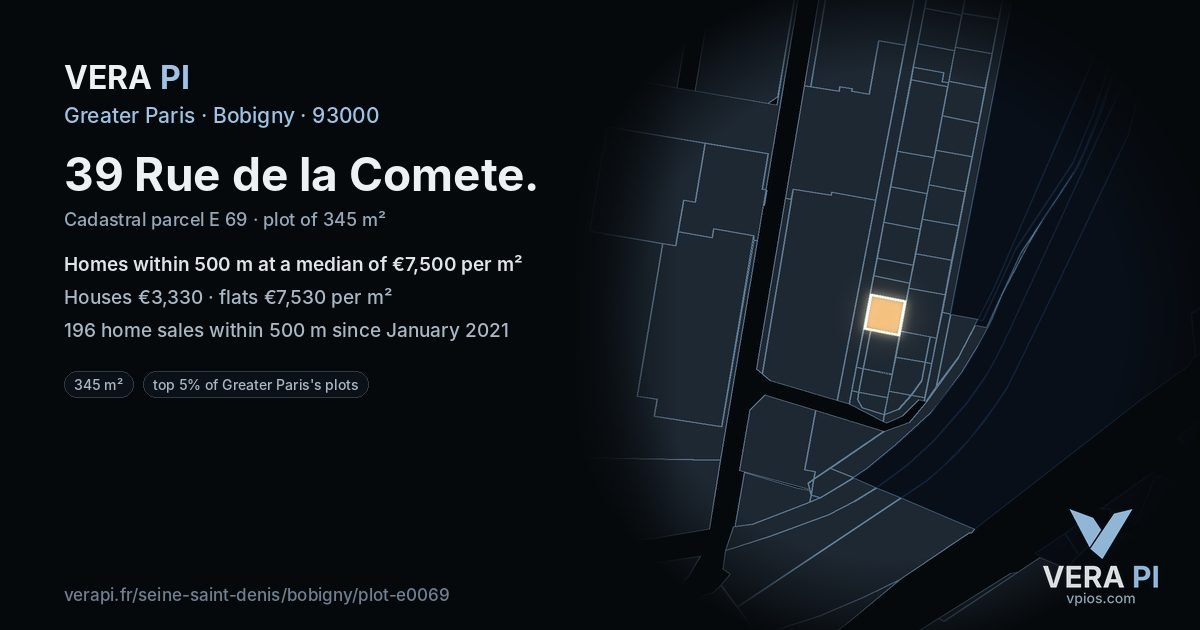 39 Rue de la Comete, Bobigny at night – the plot lit, the parcels around coloured by the prices near them