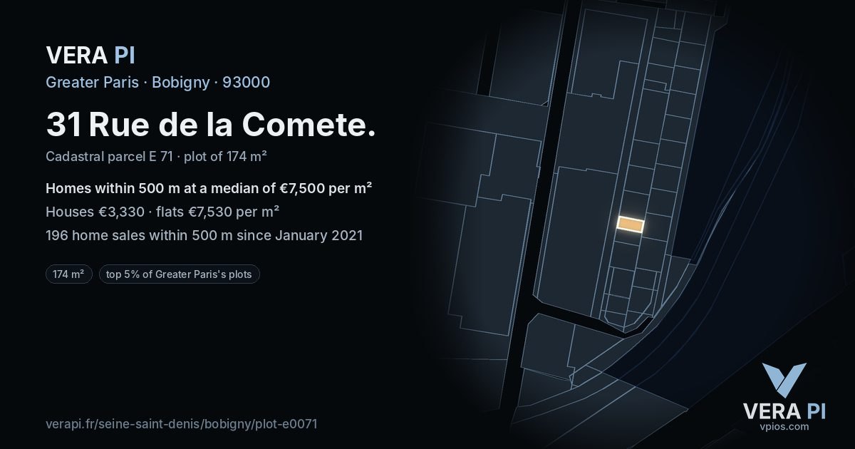 31 Rue de la Comete, Bobigny at night – the plot lit, the parcels around coloured by the prices near them