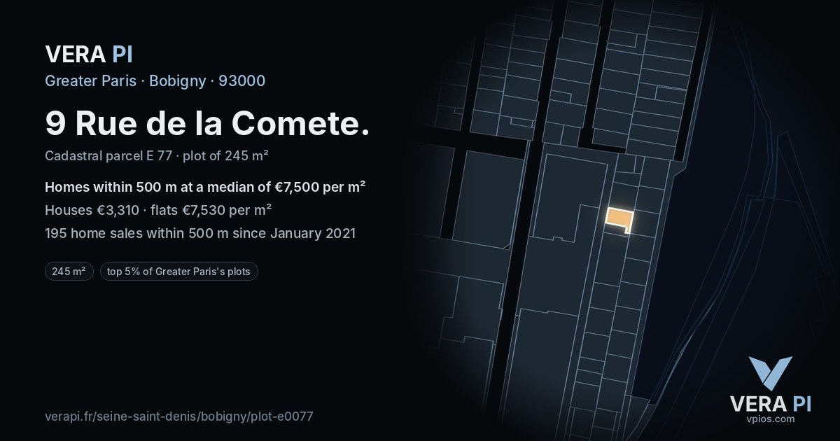 9 Rue de la Comete, Bobigny at night – the plot lit, the parcels around coloured by the prices near them
