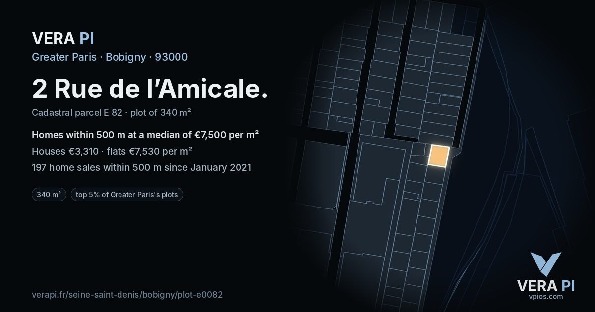 2 Rue de l’Amicale, Bobigny at night – the plot lit, the parcels around coloured by the prices near them