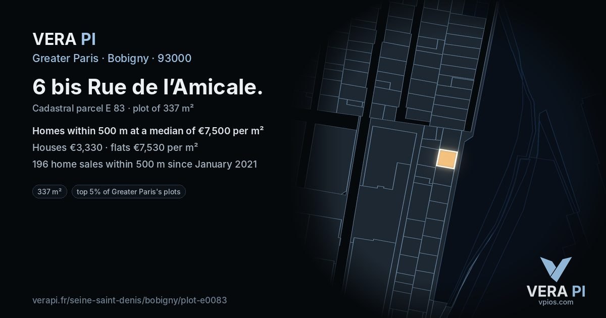 6 bis Rue de l’Amicale, Bobigny at night – the plot lit, the parcels around coloured by the prices near them
