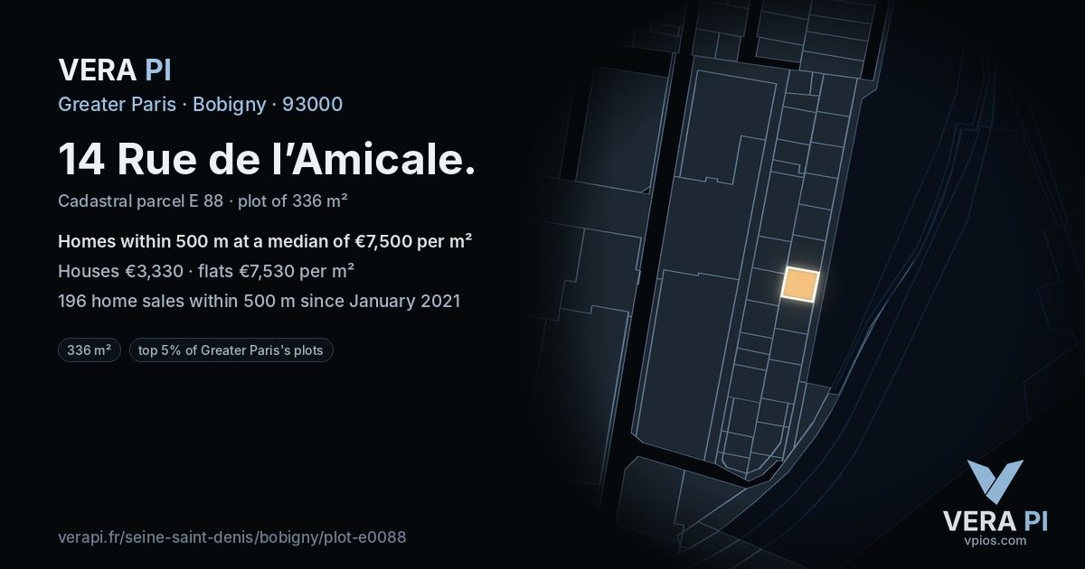 14 Rue de l’Amicale, Bobigny at night – the plot lit, the parcels around coloured by the prices near them