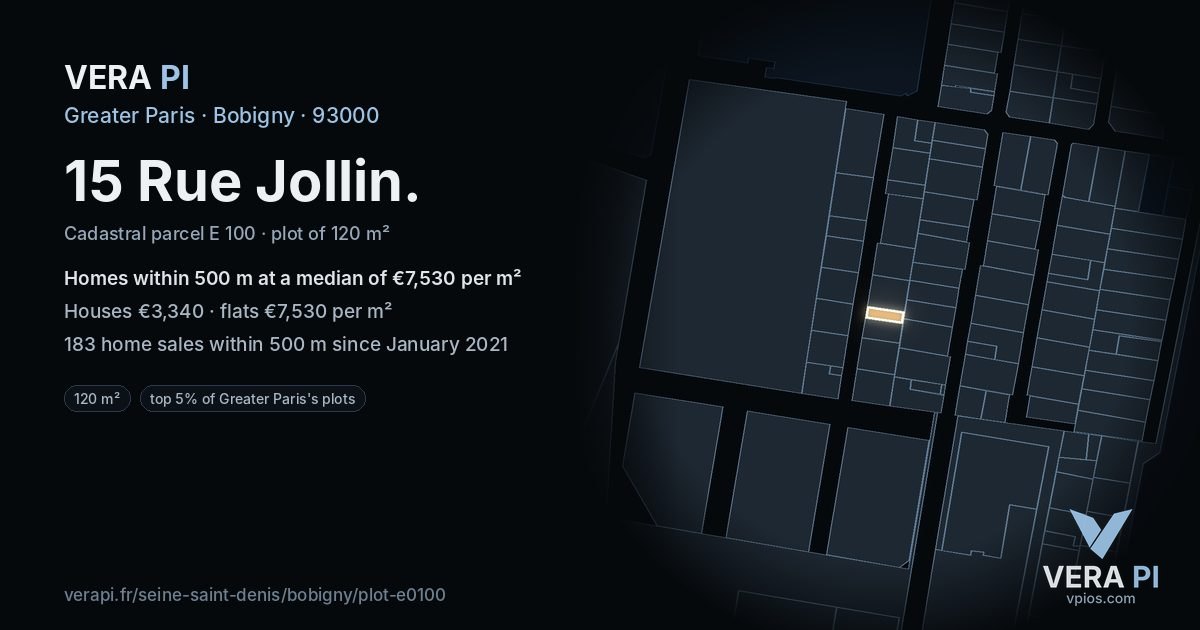 15 Rue Jollin, Bobigny at night – the plot lit, the parcels around coloured by the prices near them