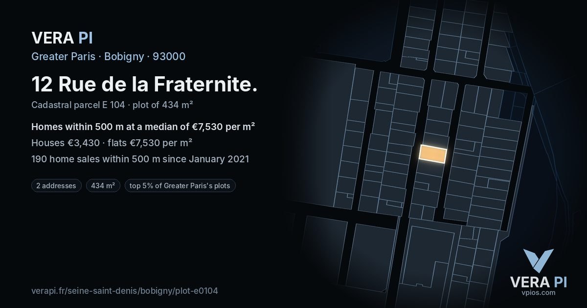 12 Rue de la Fraternite, Bobigny at night – the plot lit, the parcels around coloured by the prices near them
