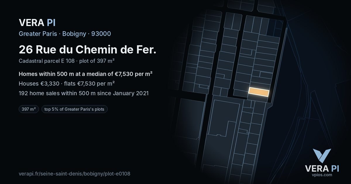 26 Rue du Chemin de Fer, Bobigny at night – the plot lit, the parcels around coloured by the prices near them