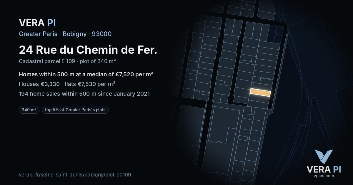 24 Rue du Chemin de Fer, Bobigny at night – the plot lit, the parcels around coloured by the prices near them