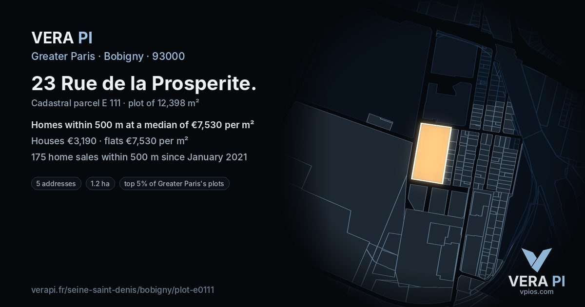23 Rue de la Prosperite, Bobigny at night – the plot lit, the parcels around coloured by the prices near them