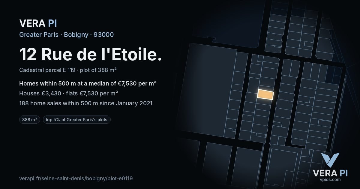 12 Rue de l'Etoile, Bobigny at night – the plot lit, the parcels around coloured by the prices near them